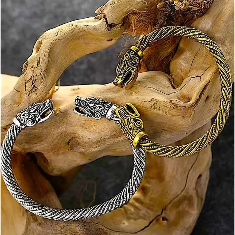 Gold Viking Wold Head Vintage Norse Arm Band Cuff Bangle Bracelet